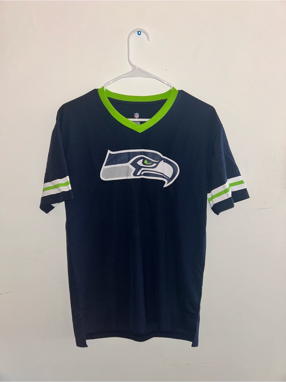 NFL Seattle Seahawks Navy and Green V-Neck Team Shirt